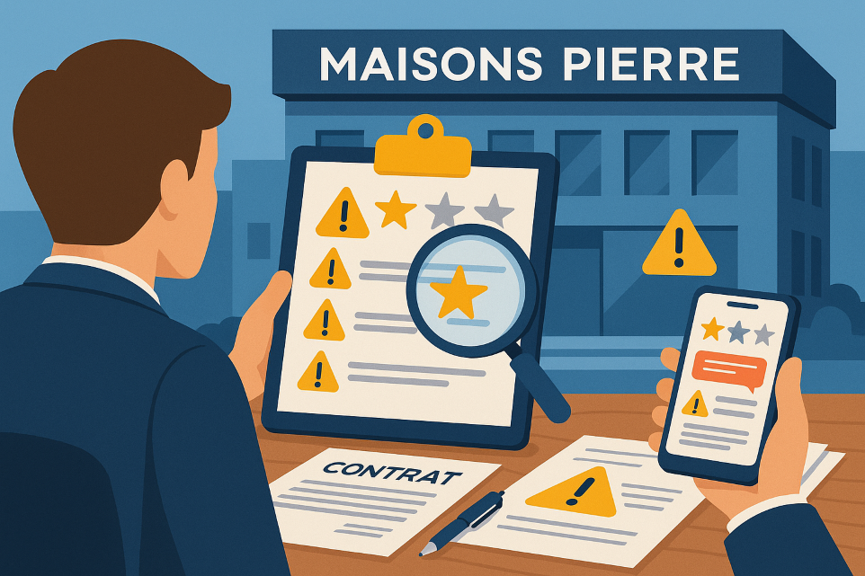 Maison Pierre avis négatif : client examinant un contrat et des avis négatifs devant le siège avec icônes d’alerte