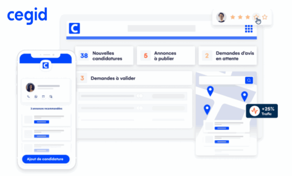 Interface CegidLife montrant le tableau de bord RH, les candidatures et les fonctionnalités de gestion pour cabinets comptables et études notariales