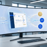 Interface numérique abstraite de la solution CegidLife centralisant les données RH et comptables dans un bureau moderne.