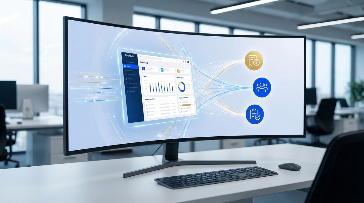 Interface numérique abstraite de la solution CegidLife centralisant les données RH et comptables dans un bureau moderne.